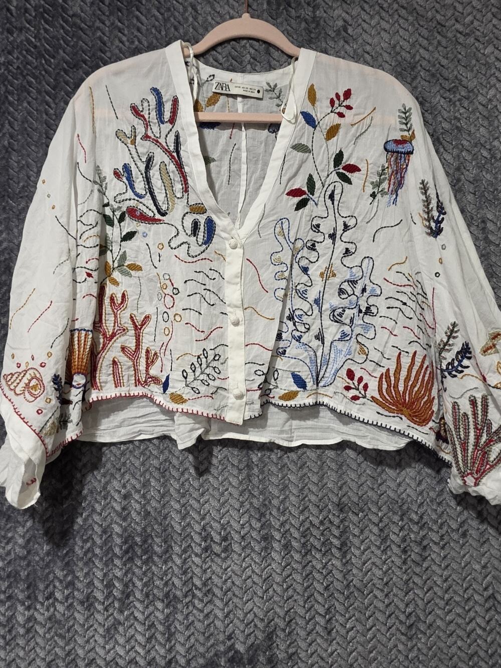 Zara Women's Embroidered White Boho Top Crop Boxy Boho Fairycore XSmall
